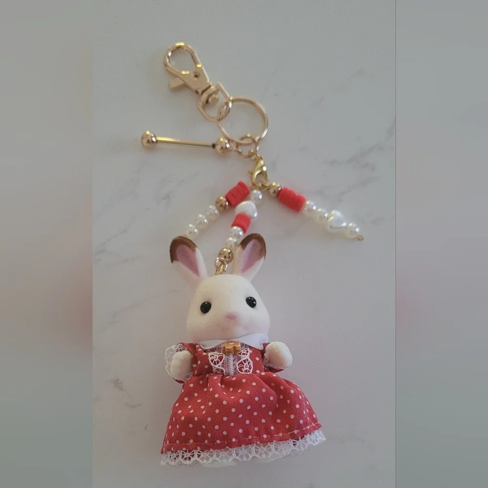 Cute Calico Critter Bunny Keychain with Plaid Shirt - Picture 2 of 2